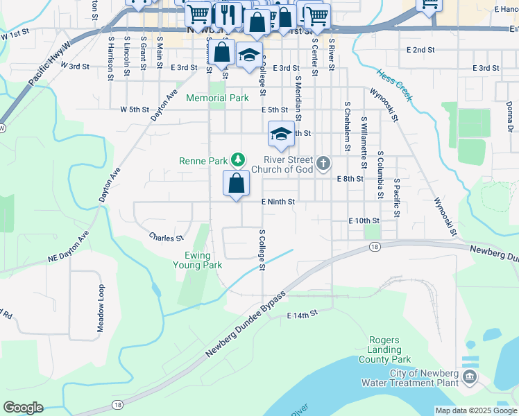 map of restaurants, bars, coffee shops, grocery stores, and more near 31 South College Street in Newberg