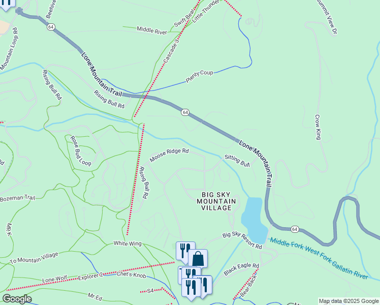 map of restaurants, bars, coffee shops, grocery stores, and more near Moose Ridge Road in Gallatin Gateway