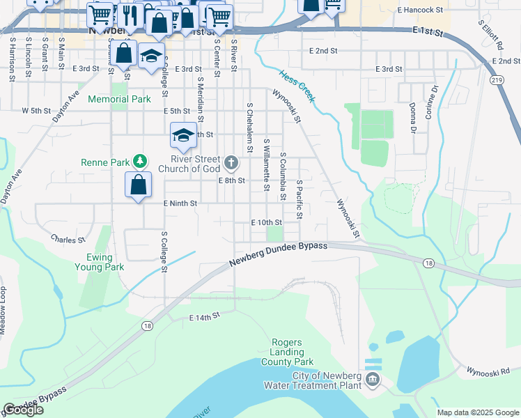 map of restaurants, bars, coffee shops, grocery stores, and more near 1210 East 9th Street in Newberg