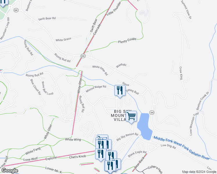 map of restaurants, bars, coffee shops, grocery stores, and more near Moose Ridge Road in Gallatin Gateway