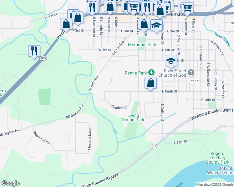 map of restaurants, bars, coffee shops, grocery stores, and more near 100 East 9th Street in Newberg