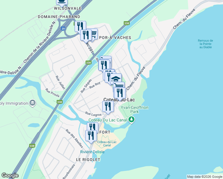 map of restaurants, bars, coffee shops, grocery stores, and more near 1 Rue Principale in Coteau-du-Lac
