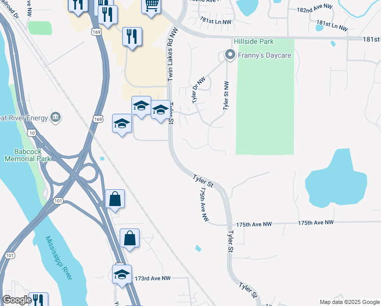 map of restaurants, bars, coffee shops, grocery stores, and more near 10908 177th Court Northwest in Elk River