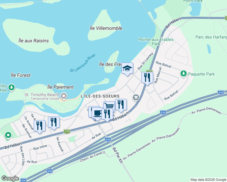 map of restaurants, bars, coffee shops, grocery stores, and more near 104 Rue Saint Laurent in Salaberry-de-Valleyfield