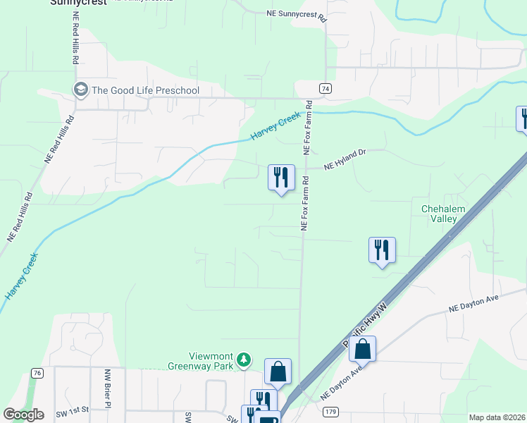 map of restaurants, bars, coffee shops, grocery stores, and more near 10619 Northeast Fox Farm Road in Dundee