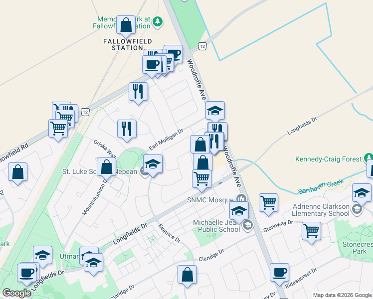 map of restaurants, bars, coffee shops, grocery stores, and more near 15 Woodford Way in Ottawa