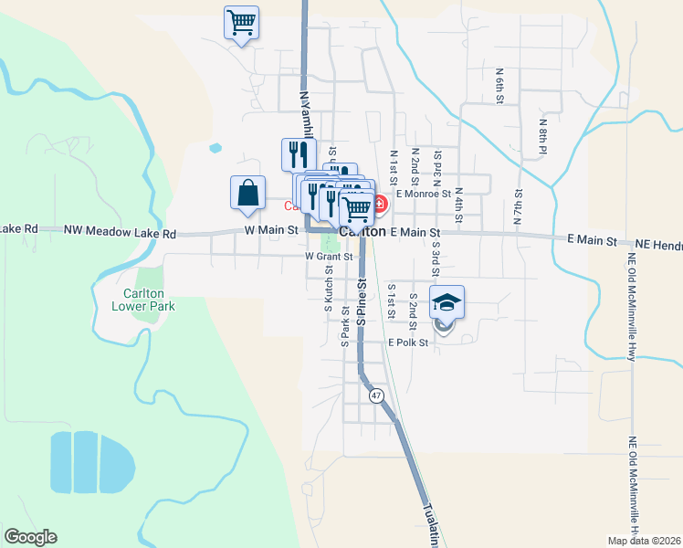 map of restaurants, bars, coffee shops, grocery stores, and more near 318 South Kutch Street in Carlton