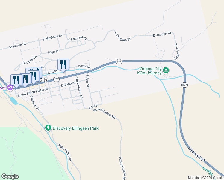 map of restaurants, bars, coffee shops, grocery stores, and more near 404 Hughes Street in Virginia City