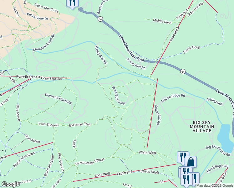 map of restaurants, bars, coffee shops, grocery stores, and more near 123 Rose Bud Loop in Big Sky