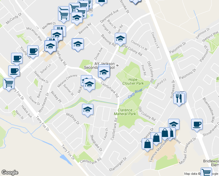 map of restaurants, bars, coffee shops, grocery stores, and more near 112 Castlefrank Road in Ottawa