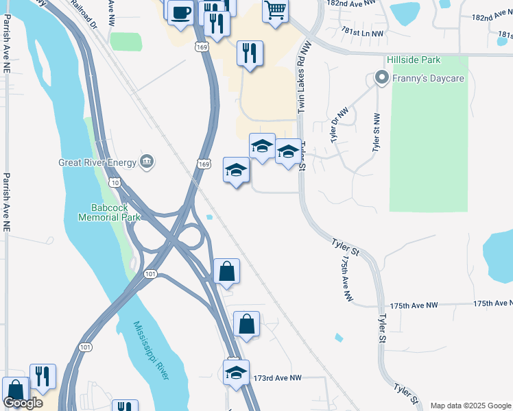 map of restaurants, bars, coffee shops, grocery stores, and more near 11110 Industrial Circle Northwest in Elk River
