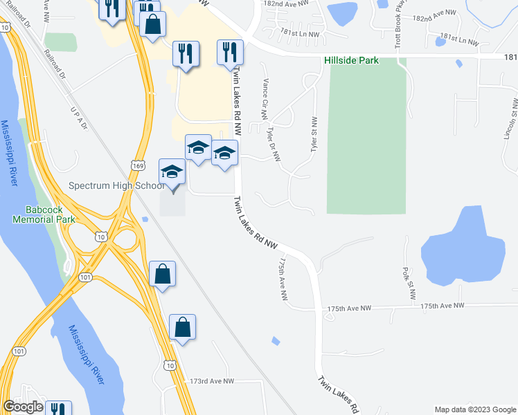 map of restaurants, bars, coffee shops, grocery stores, and more near 10912 177th Court Northwest in Elk River