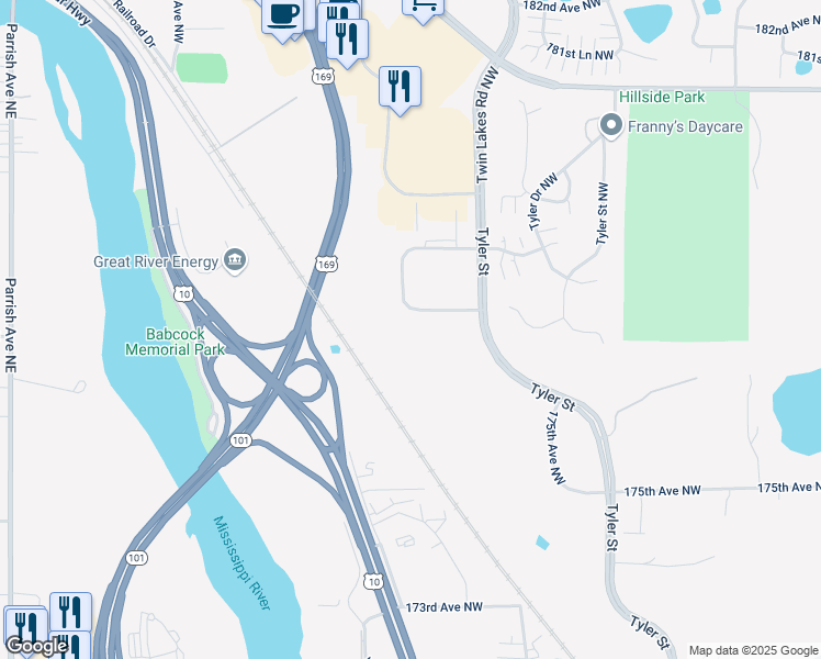 map of restaurants, bars, coffee shops, grocery stores, and more near 11110 Industrial Circle Northwest in Elk River