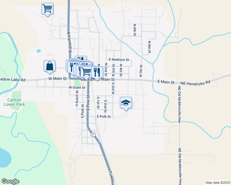 map of restaurants, bars, coffee shops, grocery stores, and more near 400 East Washington Street in Carlton