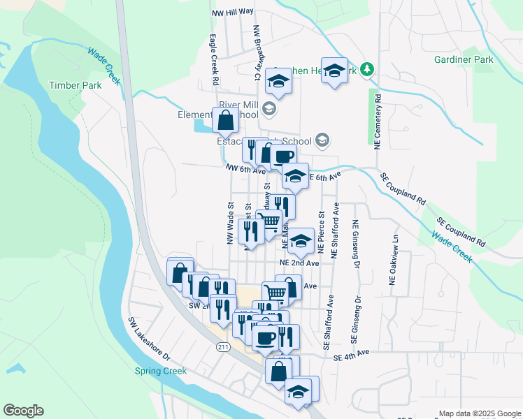 map of restaurants, bars, coffee shops, grocery stores, and more near 142 Northwest 4th Avenue in Estacada