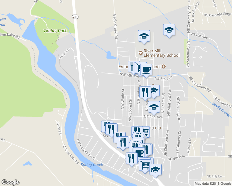 map of restaurants, bars, coffee shops, grocery stores, and more near 477 Northwest Wade Street in Estacada