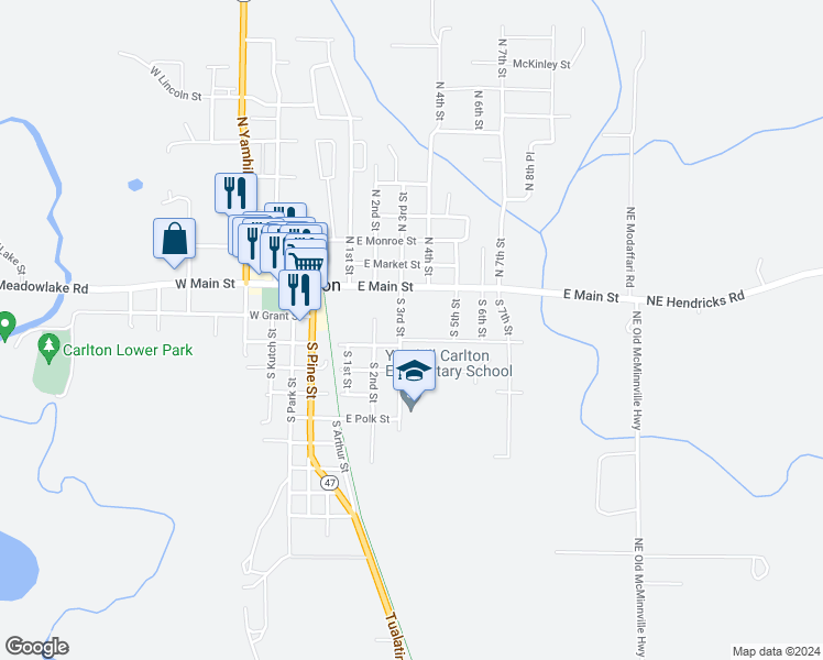 map of restaurants, bars, coffee shops, grocery stores, and more near 402 East Washington Street in Carlton