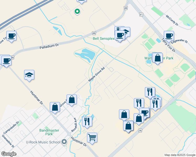 map of restaurants, bars, coffee shops, grocery stores, and more near 1625 Maple Grove Road in Ottawa