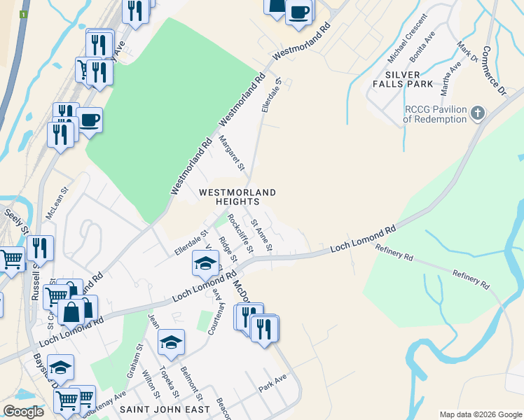 map of restaurants, bars, coffee shops, grocery stores, and more near 10 Woodside Park in Saint John