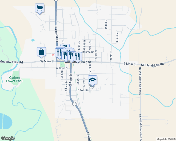 map of restaurants, bars, coffee shops, grocery stores, and more near 317 South 2nd Street in Carlton