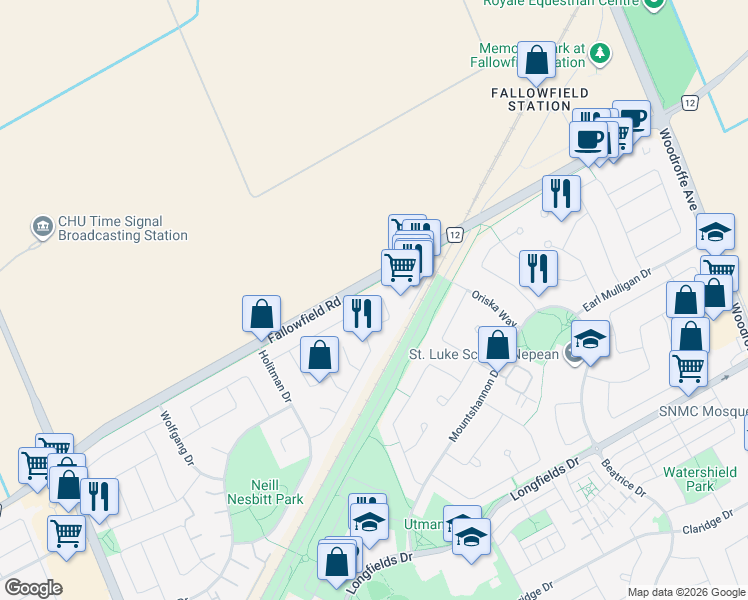 map of restaurants, bars, coffee shops, grocery stores, and more near 7 Crossing Place in Ottawa