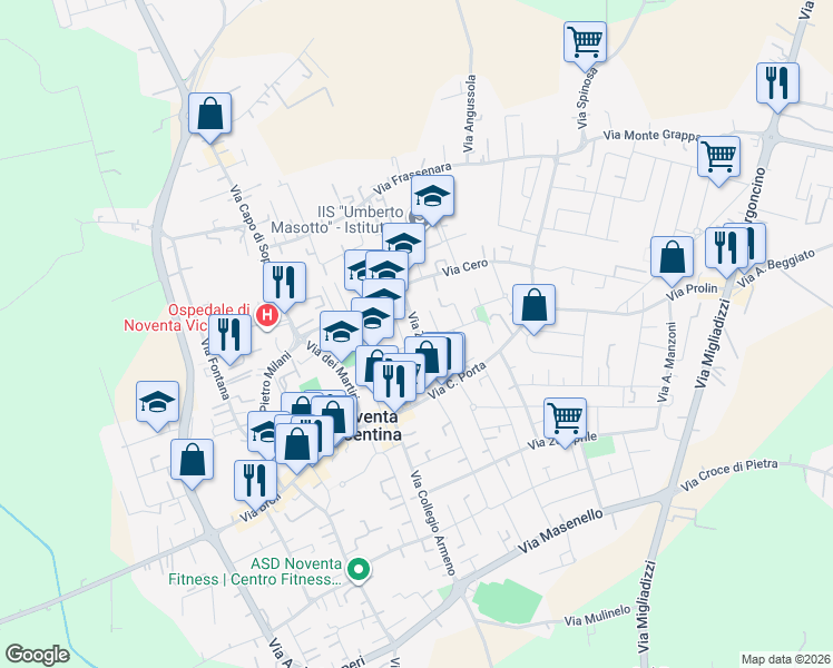 map of restaurants, bars, coffee shops, grocery stores, and more near 10 Via Guglielmo Marconi in Noventa Vicentina
