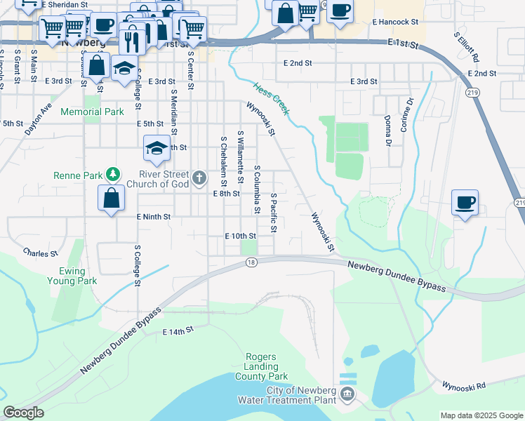map of restaurants, bars, coffee shops, grocery stores, and more near 903 South Columbia Street in Newberg