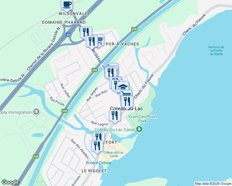 map of restaurants, bars, coffee shops, grocery stores, and more near 1 Rue Principale in Coteau-du-Lac