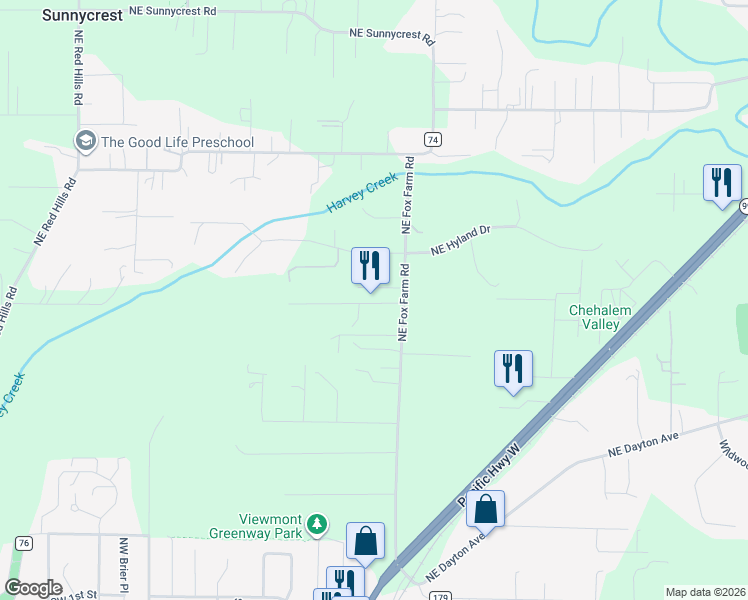 map of restaurants, bars, coffee shops, grocery stores, and more near 10619 Northeast Fox Farm Road in Dundee