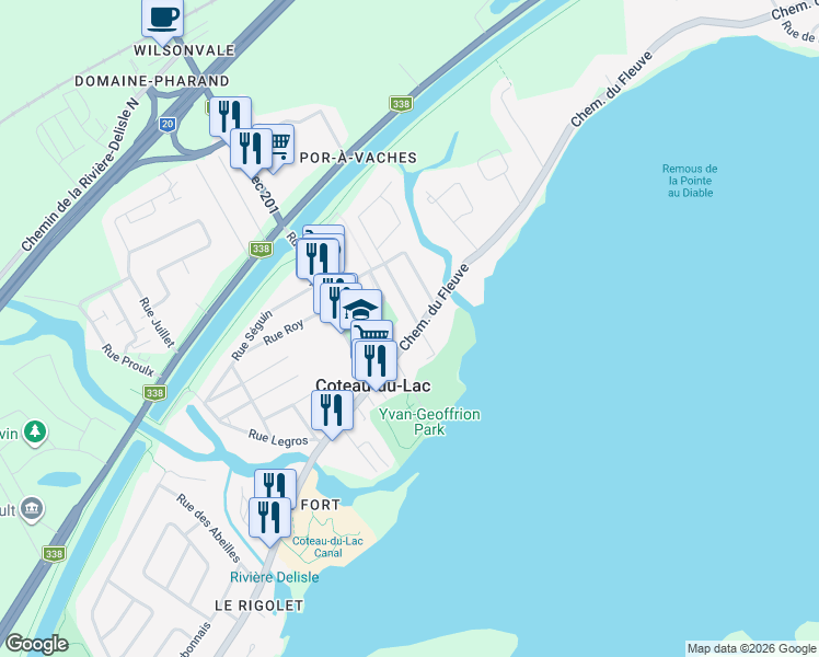 map of restaurants, bars, coffee shops, grocery stores, and more near 357 Chemin du Fleuve in Coteau-du-Lac