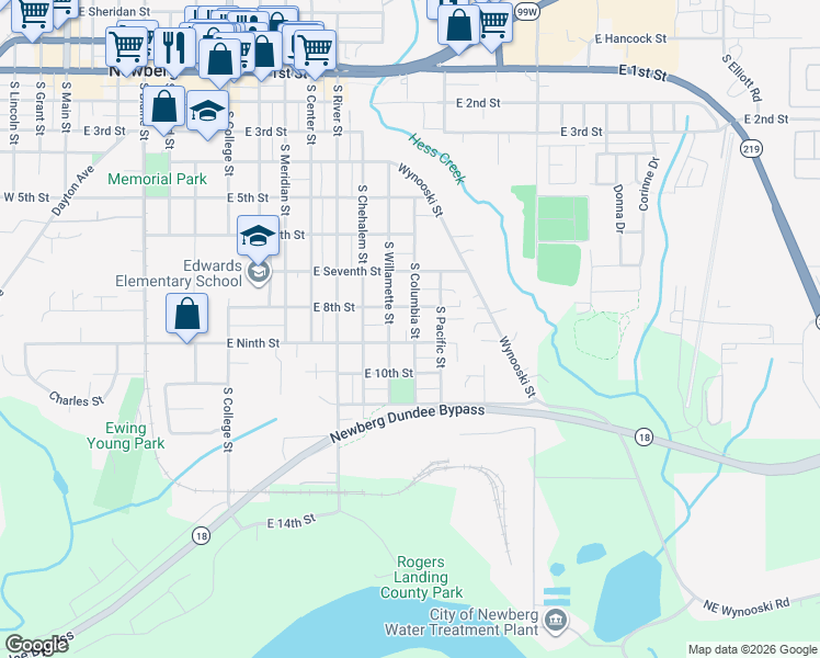 map of restaurants, bars, coffee shops, grocery stores, and more near 903 South Columbia Street in Newberg