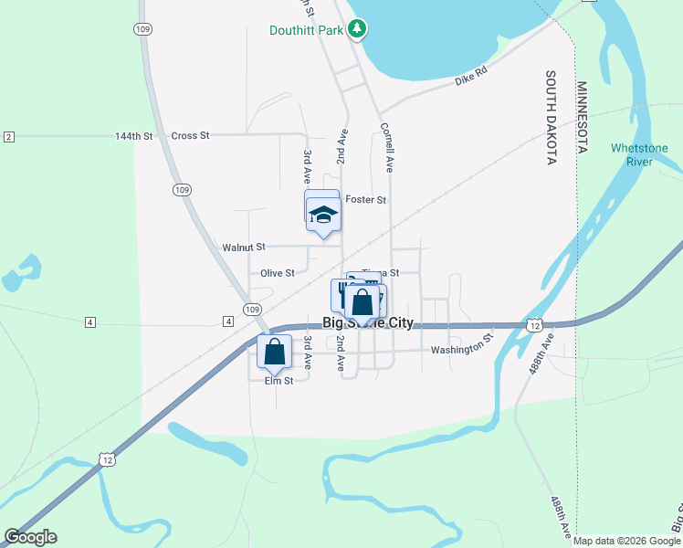 map of restaurants, bars, coffee shops, grocery stores, and more near 400 2nd Avenue in Big Stone City
