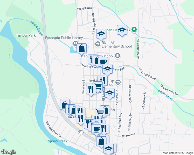 map of restaurants, bars, coffee shops, grocery stores, and more near 480 North Broadway Street in Estacada