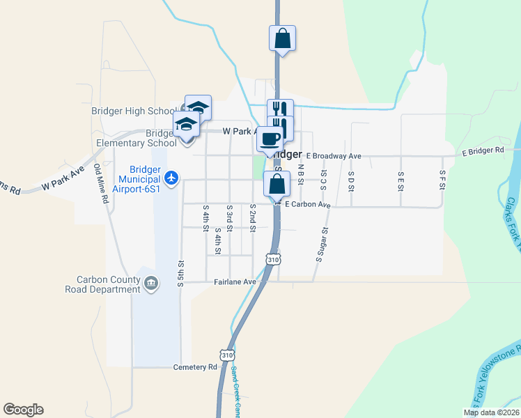 map of restaurants, bars, coffee shops, grocery stores, and more near 213 South 2nd Street in Bridger