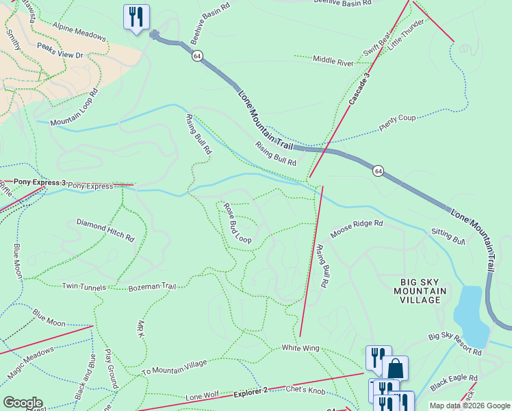 map of restaurants, bars, coffee shops, grocery stores, and more near Rising Bull Road in Gallatin Gateway