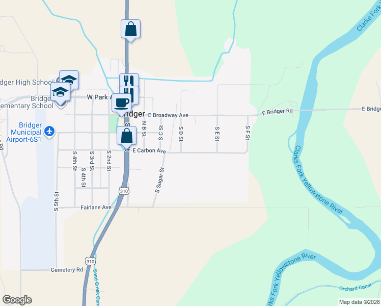 map of restaurants, bars, coffee shops, grocery stores, and more near 406 East Carbon Avenue in Bridger