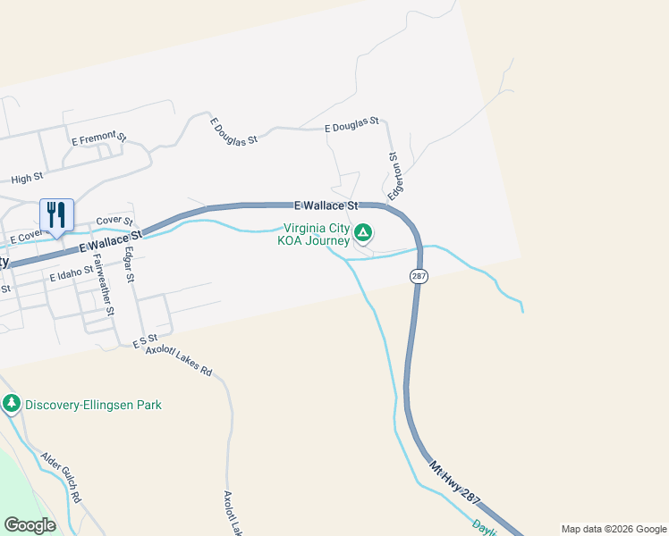 map of restaurants, bars, coffee shops, grocery stores, and more near East Wallace in Virginia City