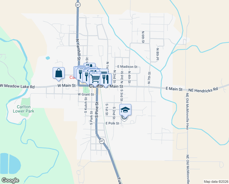 map of restaurants, bars, coffee shops, grocery stores, and more near 334 East Main Street in Carlton