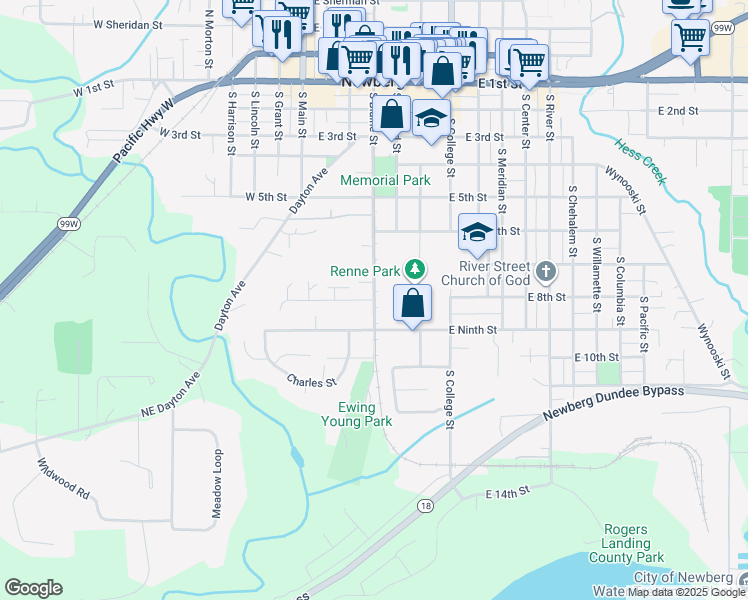 map of restaurants, bars, coffee shops, grocery stores, and more near 715 East 8th Street in Newberg