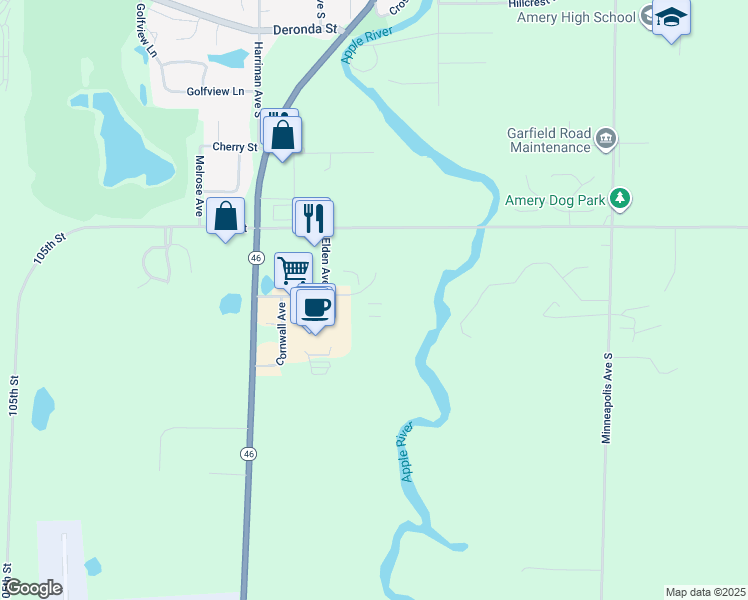 map of restaurants, bars, coffee shops, grocery stores, and more near 1053 Apple Avenue in Amery