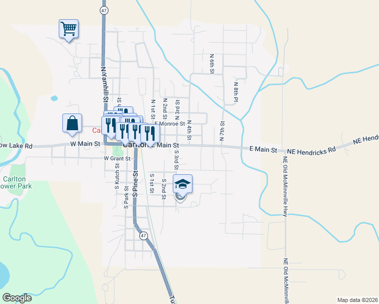 map of restaurants, bars, coffee shops, grocery stores, and more near 502 East Main Street in Carlton