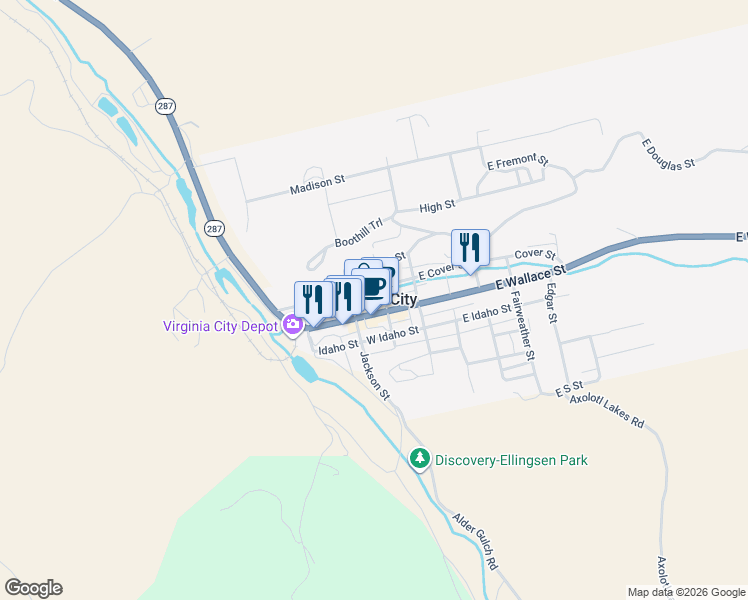 map of restaurants, bars, coffee shops, grocery stores, and more near in Virginia City