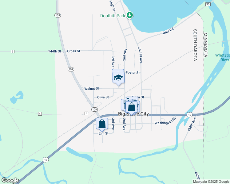 map of restaurants, bars, coffee shops, grocery stores, and more near 600-698 Walnut Street in Big Stone City