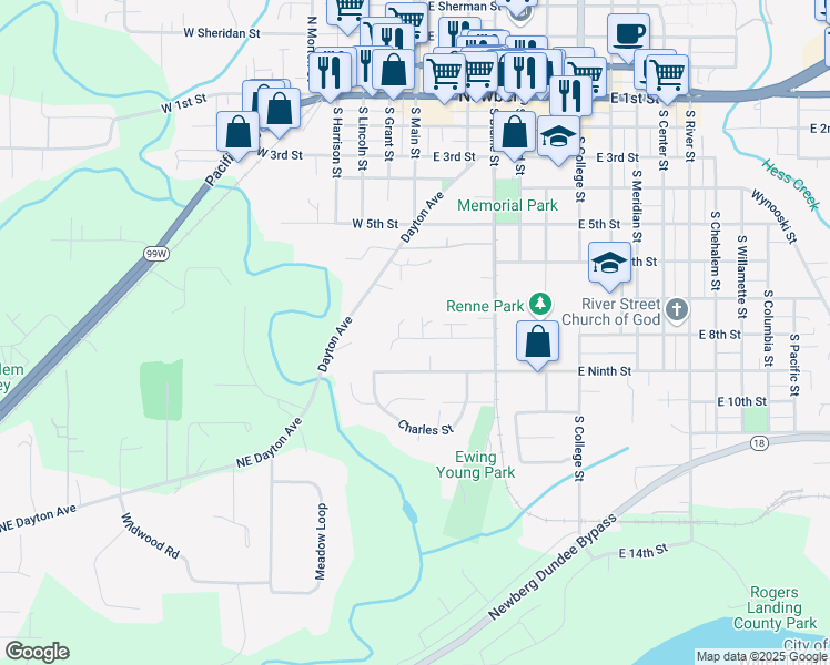 map of restaurants, bars, coffee shops, grocery stores, and more near 101 8th Street in Newberg