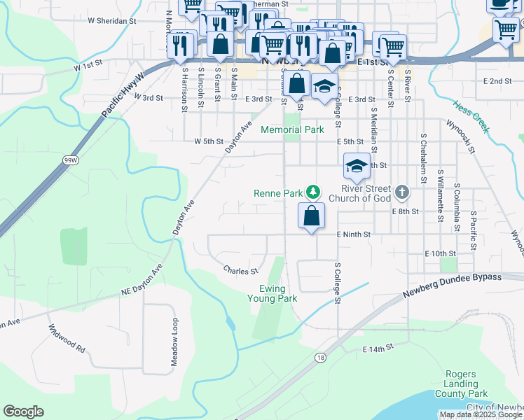 map of restaurants, bars, coffee shops, grocery stores, and more near 201 East 8th Street in Newberg
