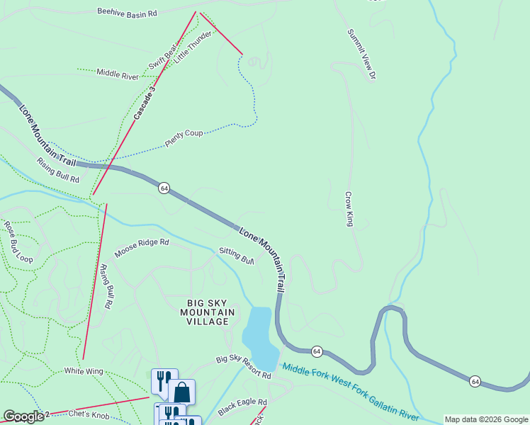 map of restaurants, bars, coffee shops, grocery stores, and more near 122 Cheyenne in Big Sky
