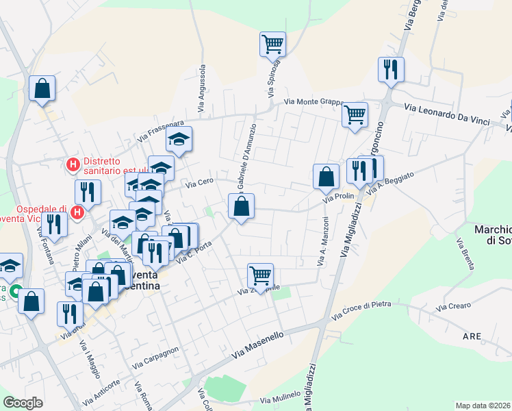 map of restaurants, bars, coffee shops, grocery stores, and more near 11 Via Prolin in Noventa Vicentina