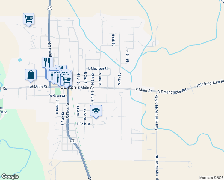 map of restaurants, bars, coffee shops, grocery stores, and more near 100 South 5th Street in Carlton