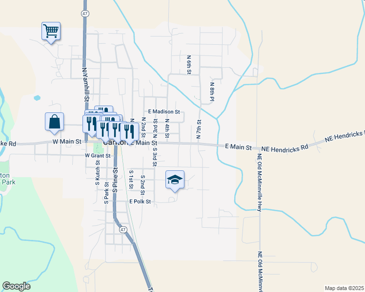 map of restaurants, bars, coffee shops, grocery stores, and more near 100 South 5th Street in Carlton