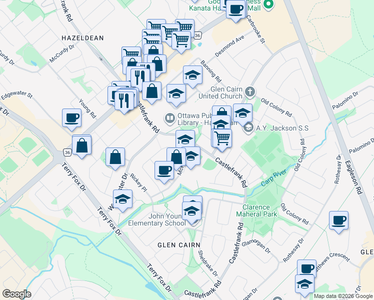 map of restaurants, bars, coffee shops, grocery stores, and more near 1 Melanie Crescent in Ottawa